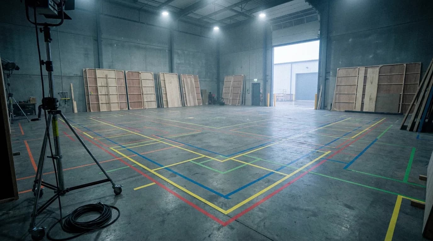 An empty soundstage in early morning, coloured tape marking the footprint of a set that has not been built yet, scenic flats leaning against the far wall under cold work lights, cinematic still