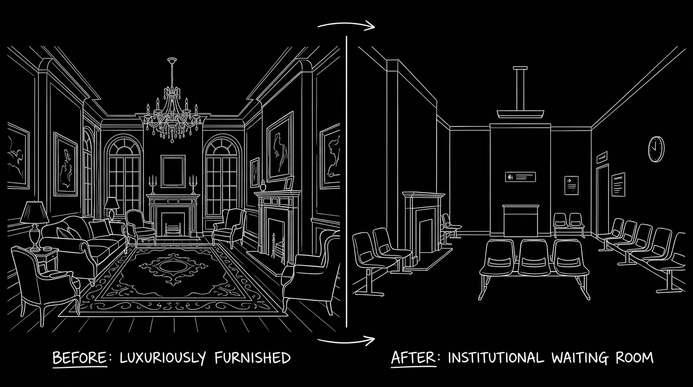 A split comparison showing before and after scenes of the same location; dark mode technical sketch, thin white lines on black background