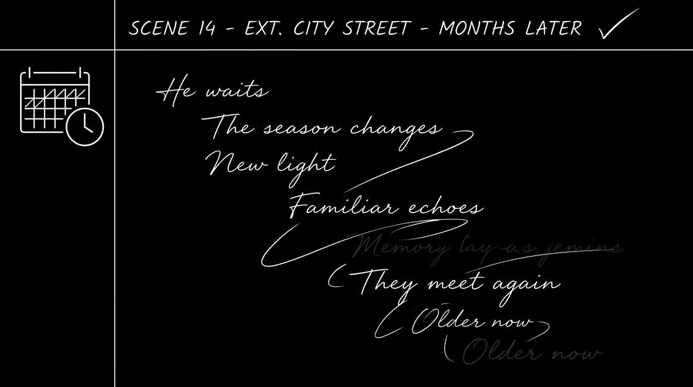 A script excerpt showing time indicator in scene heading; dark mode technical sketch, thin white lines on black background