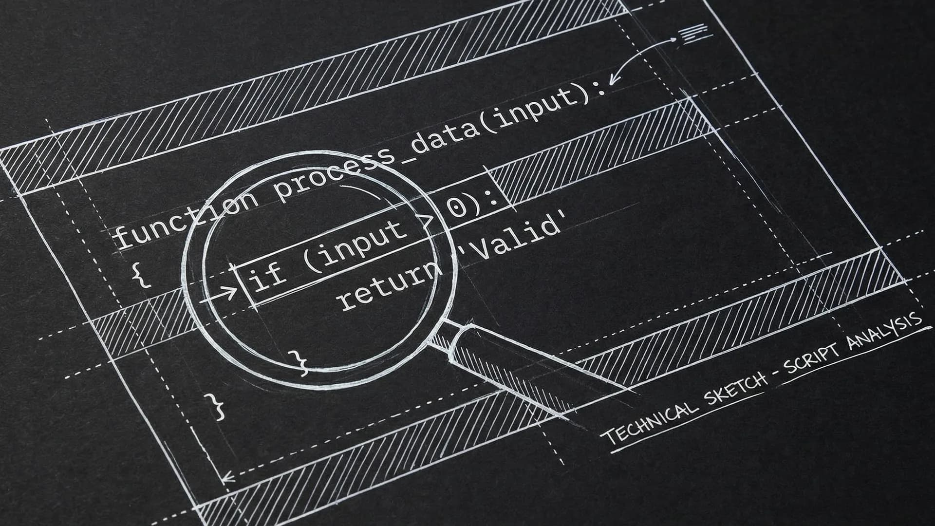 Dark mode technical sketch: screenplay column beside storyboard cells with shared scene numbers