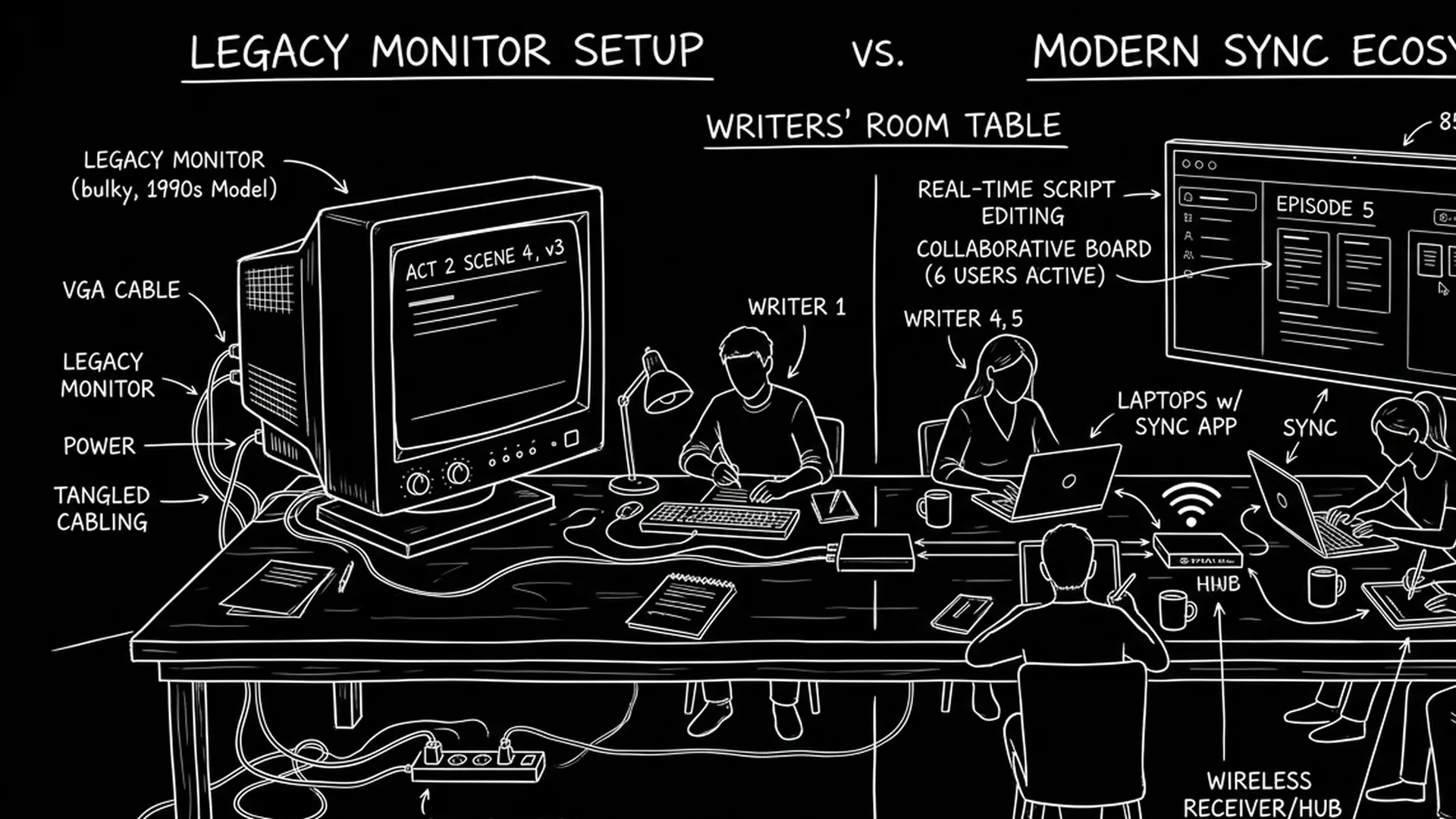Dark mode technical sketch: beginner screenwriter desk with three-act map, beat cards, and screenplay pages