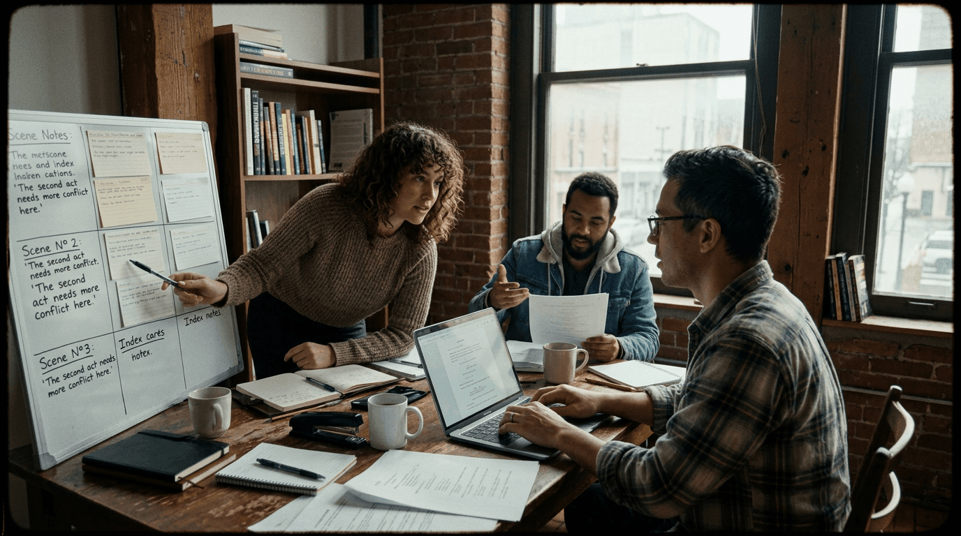 Cinematic workflow still, first angle, 35mm film grain