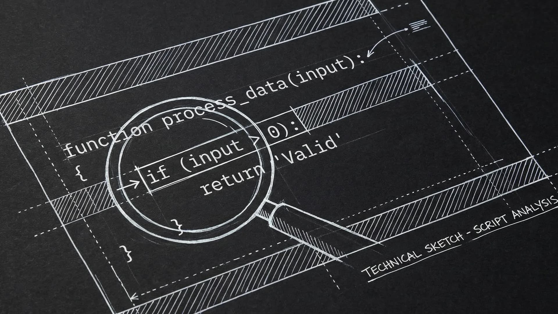 Dark mode technical sketch: script page with dialogue rhythm and margin notes for beats and tags