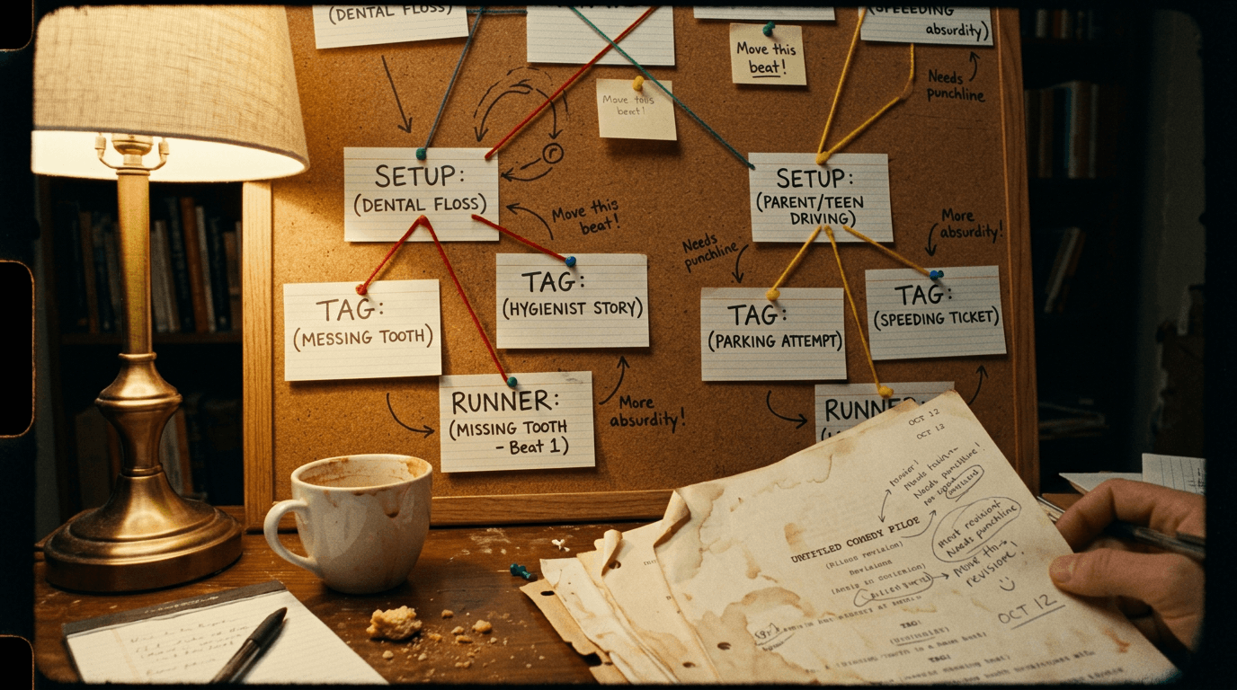 Comedy punchline dependencies on a writers’ corkboard; cinematic 35mm film still