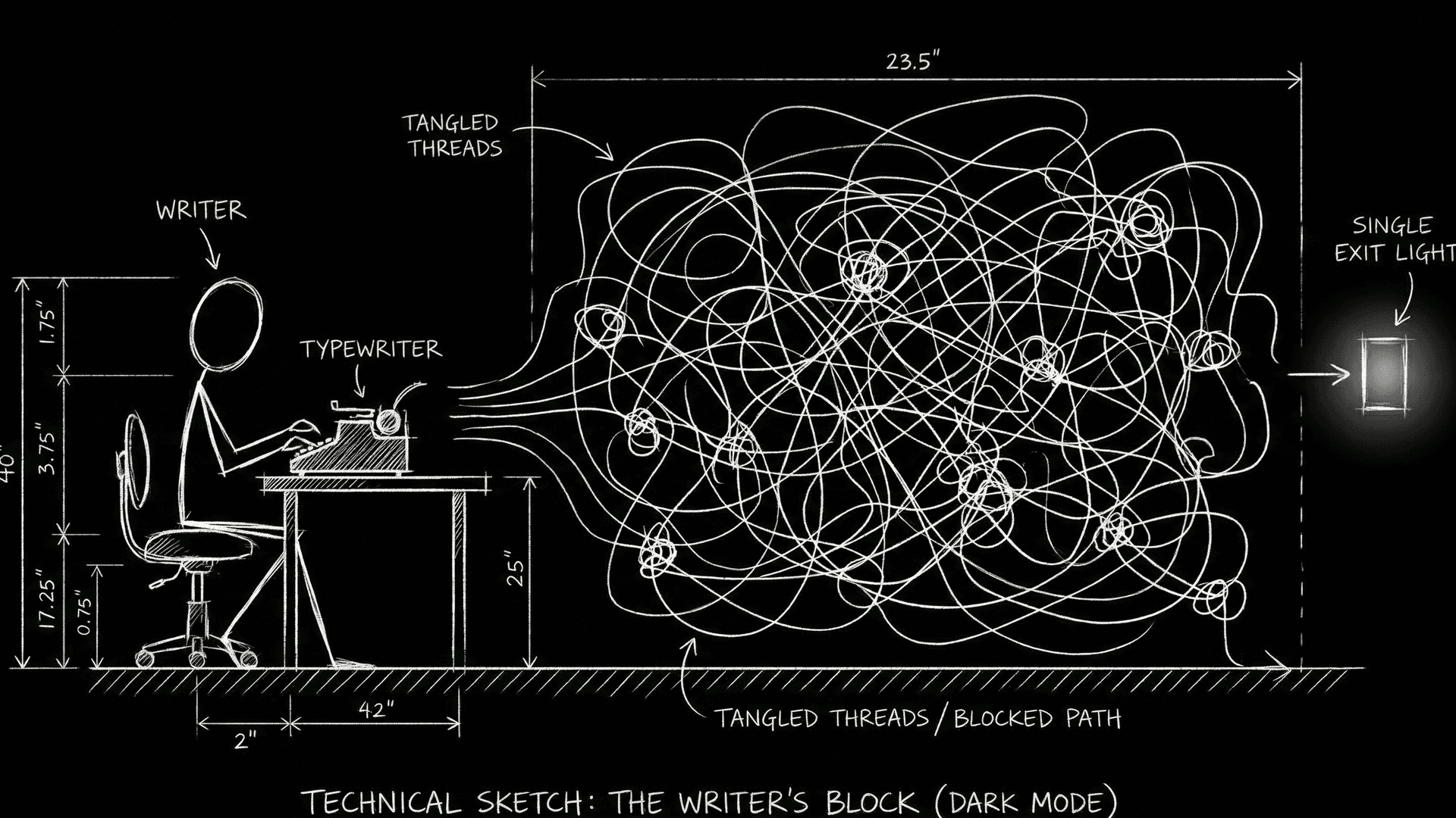 Dark mode technical sketch: script page with dread-beat ticks and mythos rule notes in margins