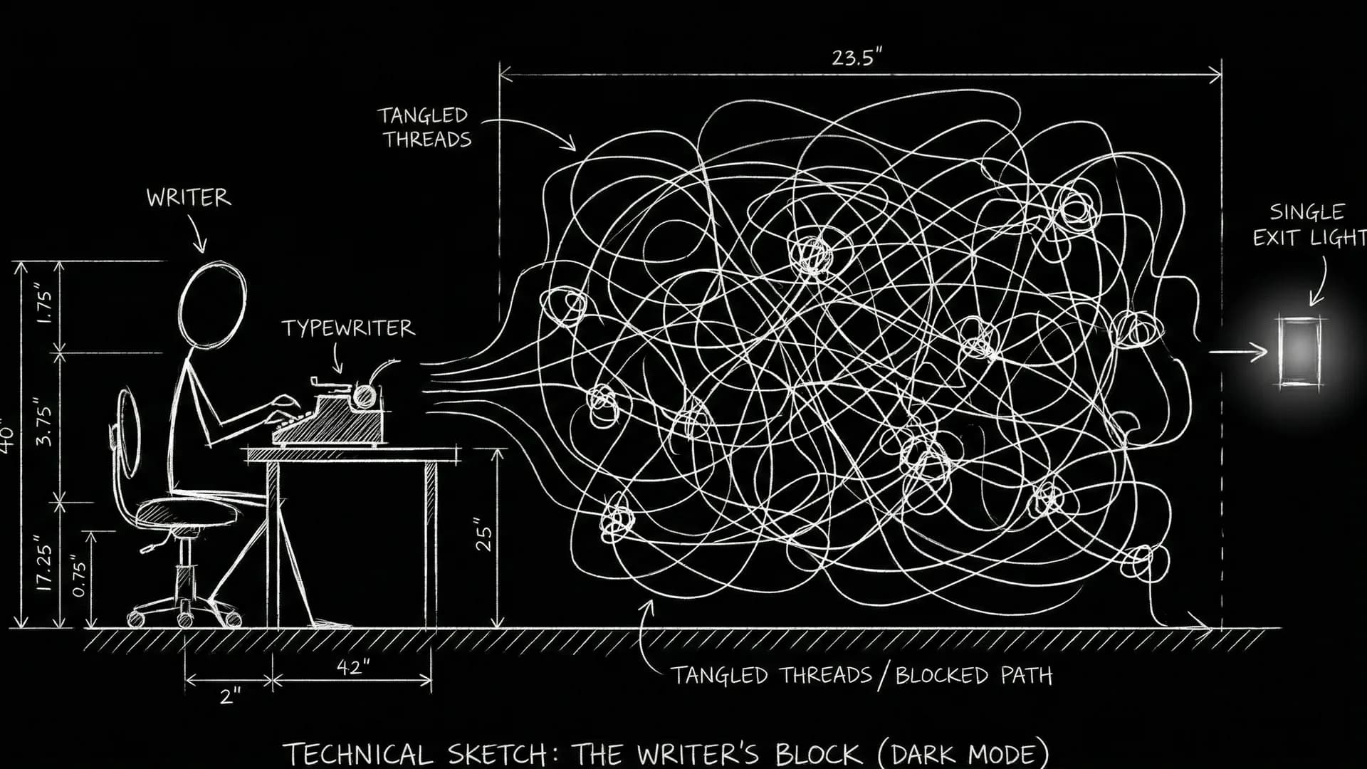 Dark mode technical sketch: script page with dread-beat ticks and mythos rule notes in margins