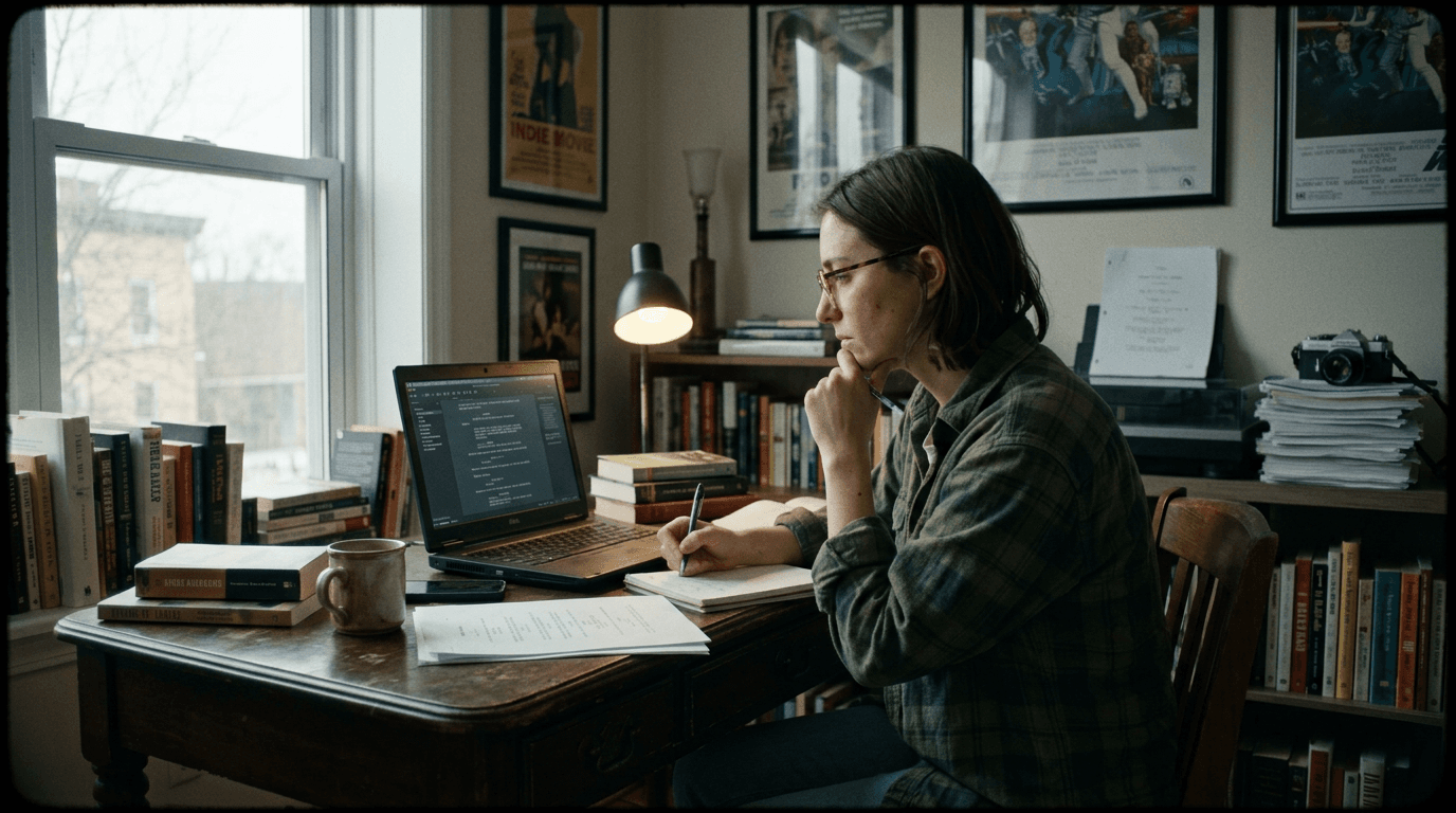 Cinematic workflow still, first angle, 35mm film grain