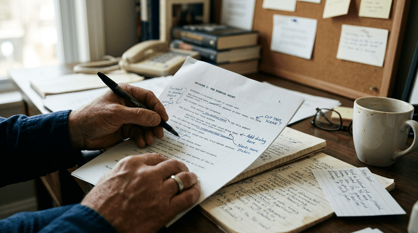 Cinematic workflow still, second angle, 35mm film grain