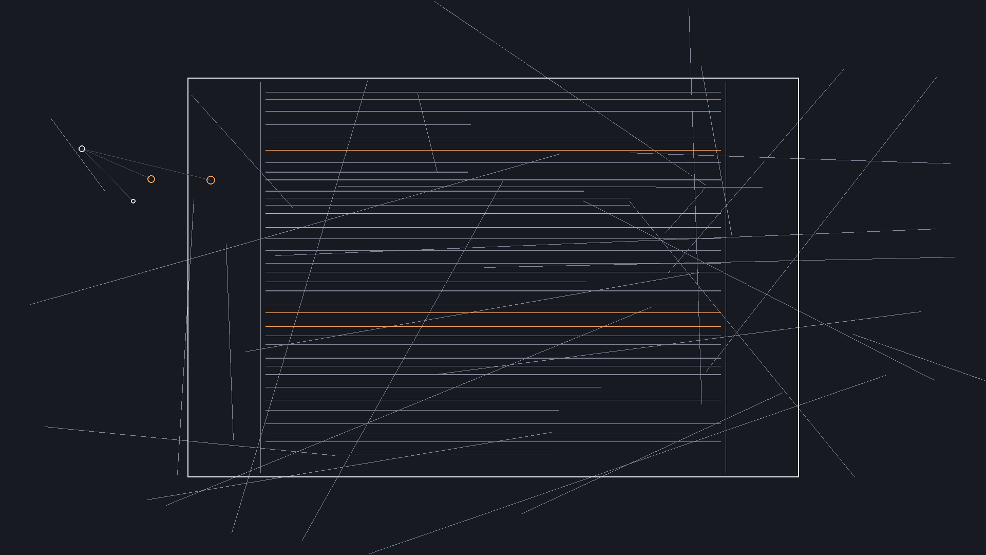 Dark mode technical sketch: TV writers room with episodic beat board, revision layers, and screenplay pages