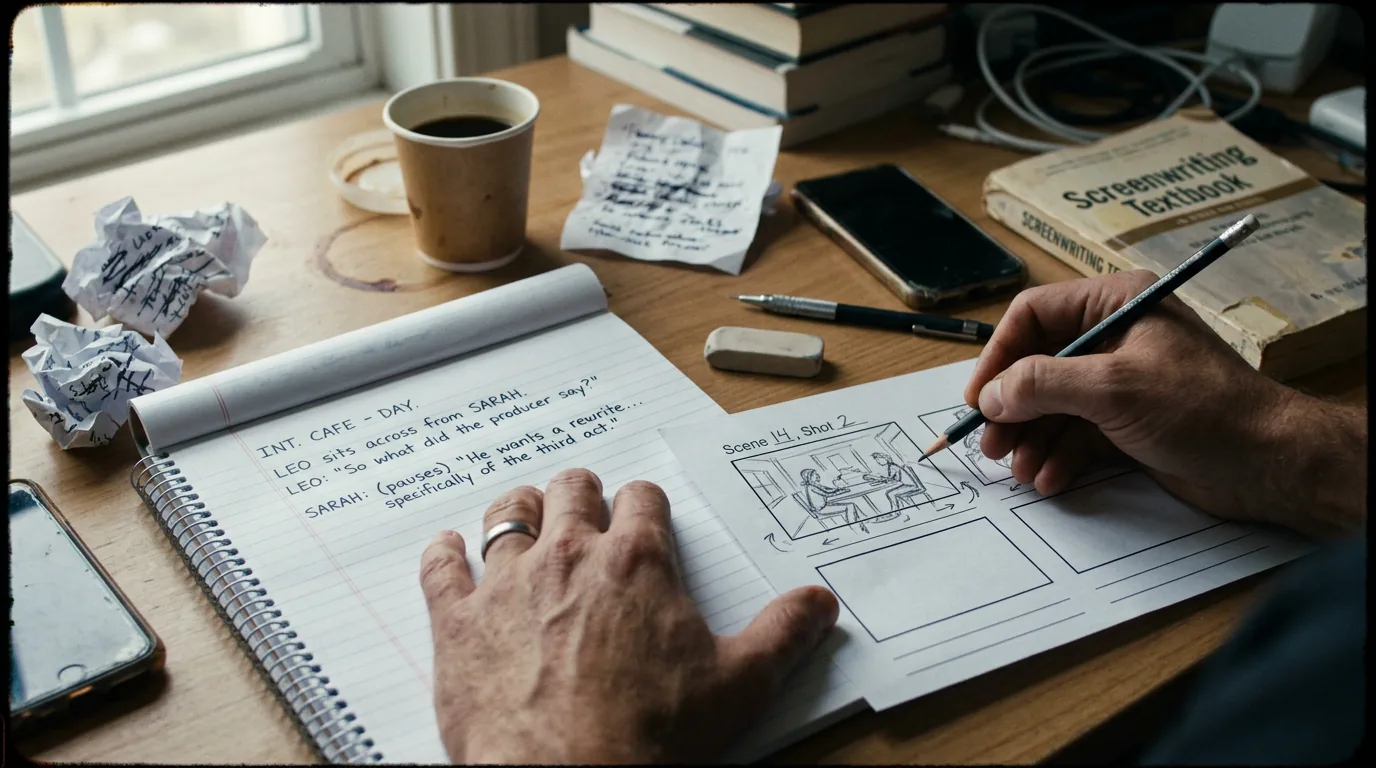 Cinematic workflow still, second angle, 35mm film grain