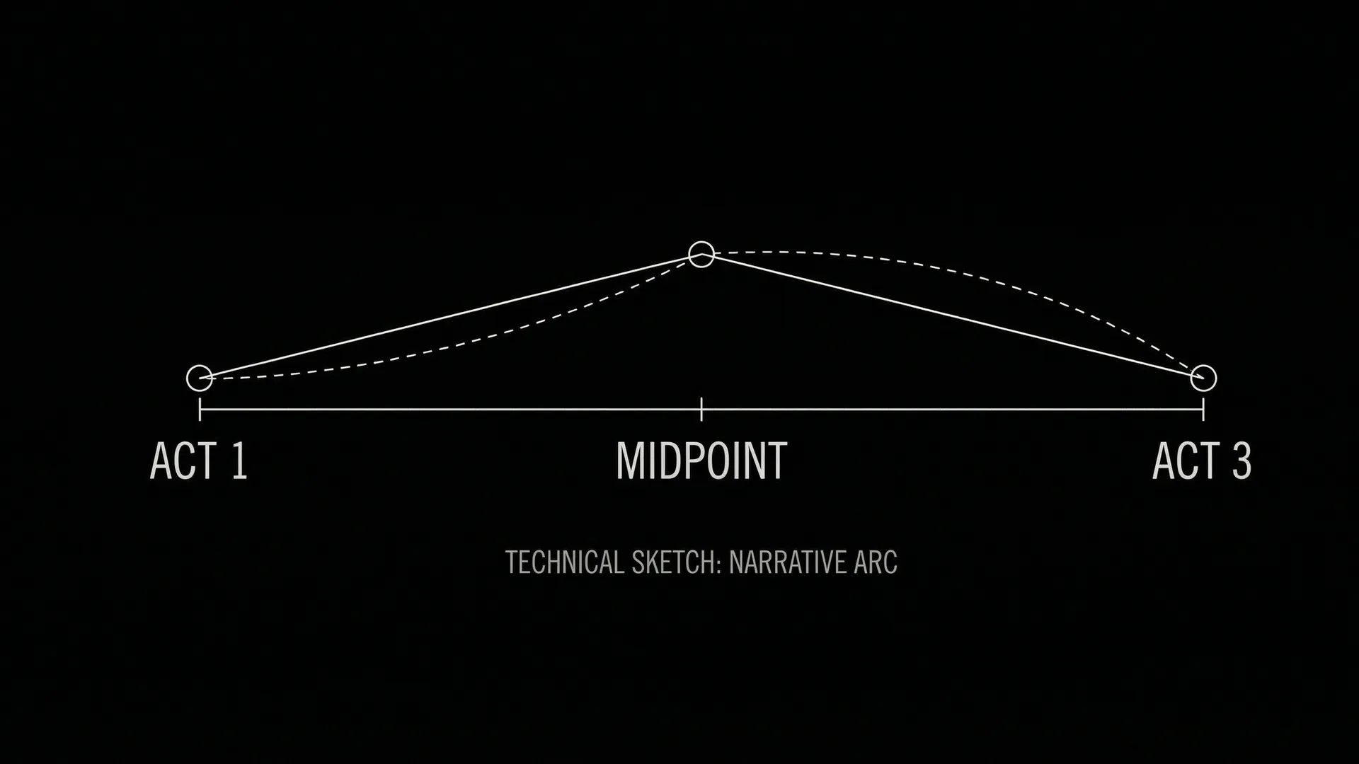 Dark mode technical sketch: research cards, map, photos wired to screenplay spine