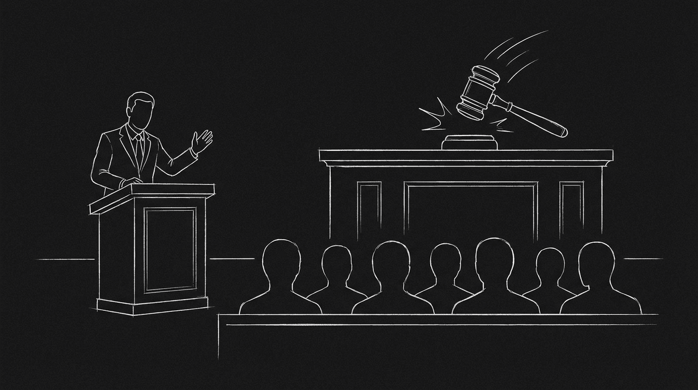 Lawyer at lectern, jury silhouettes, gavel