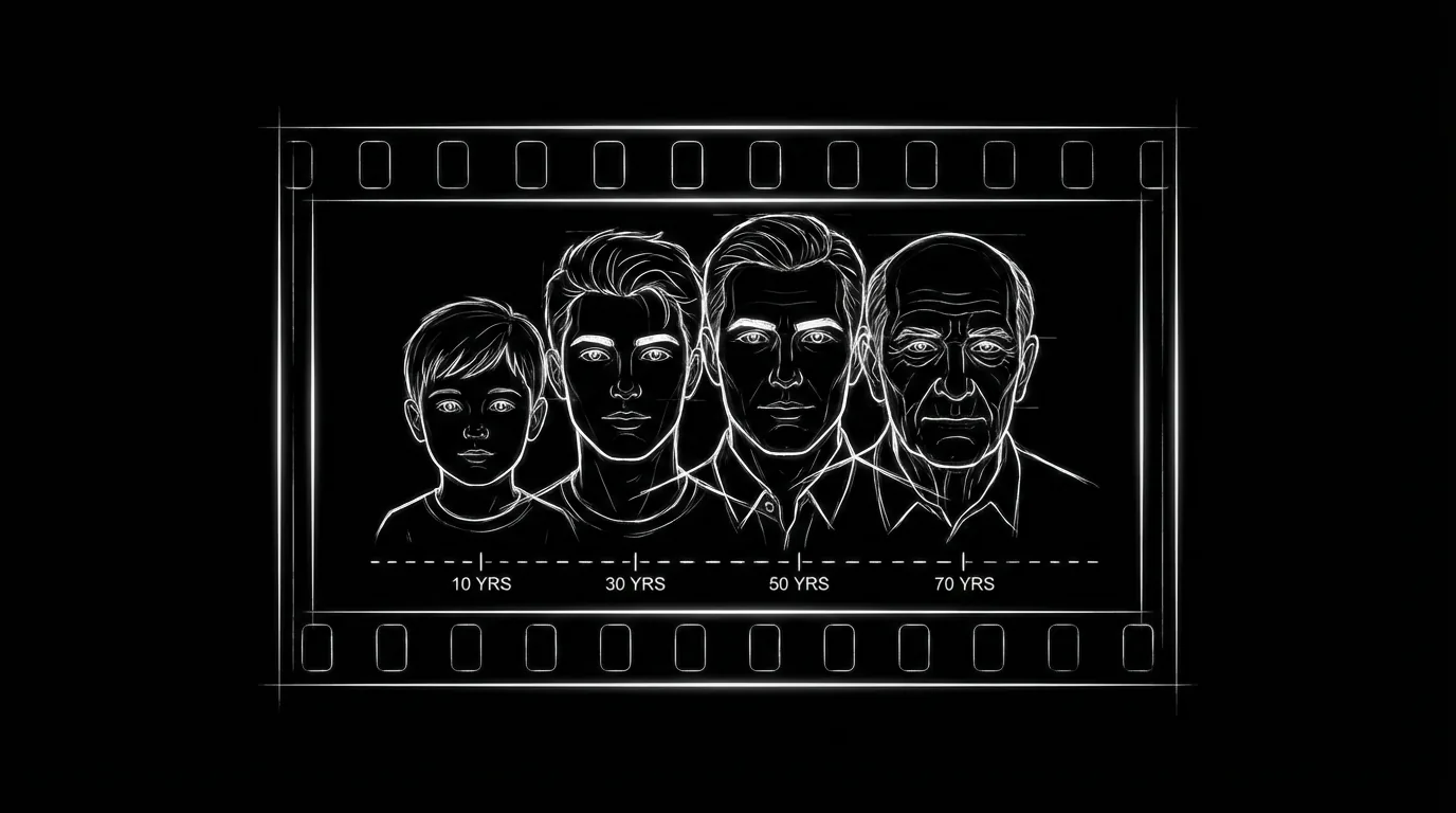 Thin white-line portraits of the same person at different ages compressed into a single film frame on black