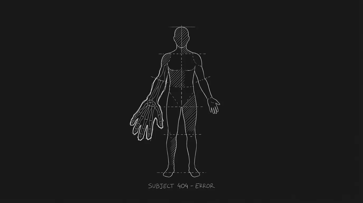 Single wrong detail on a body; dark mode technical sketch