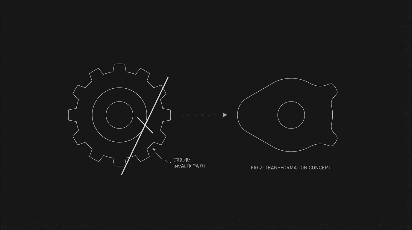 Transformation suggested by silhouette and one wrong line; dark mode technical sketch
