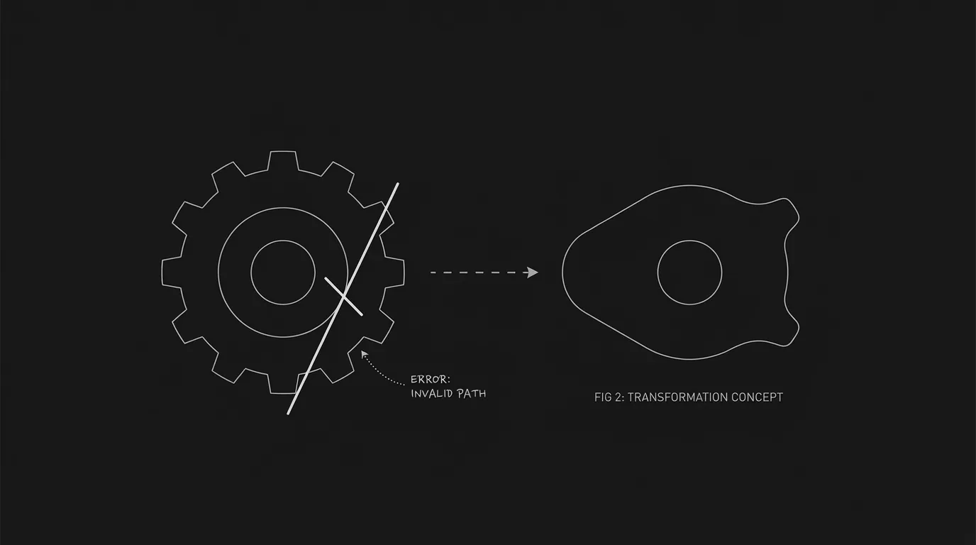 Transformation suggested by silhouette and one wrong line; dark mode technical sketch