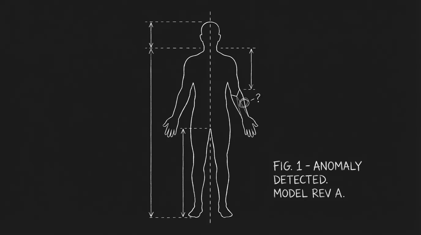 Body horror: human form with one wrong detail; dark mode technical sketch