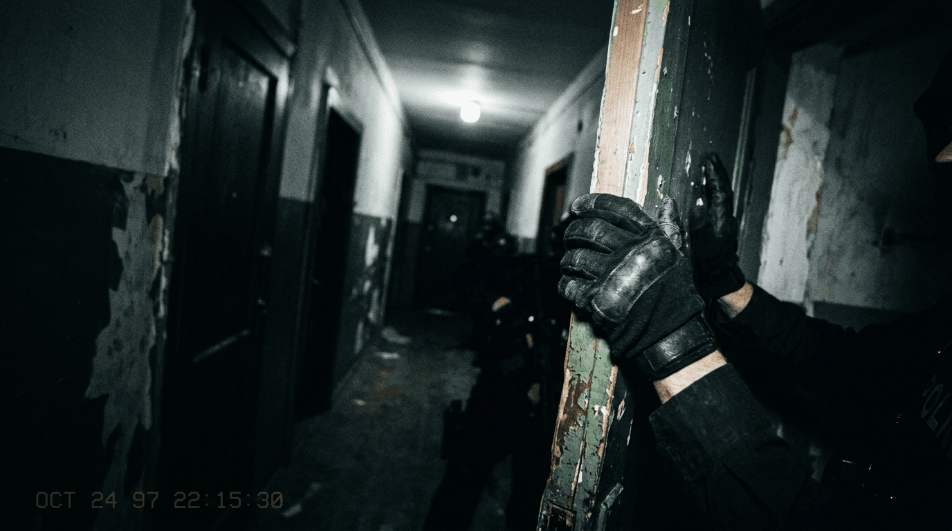 Chaotic hallway bodycam angle; cinematic film still