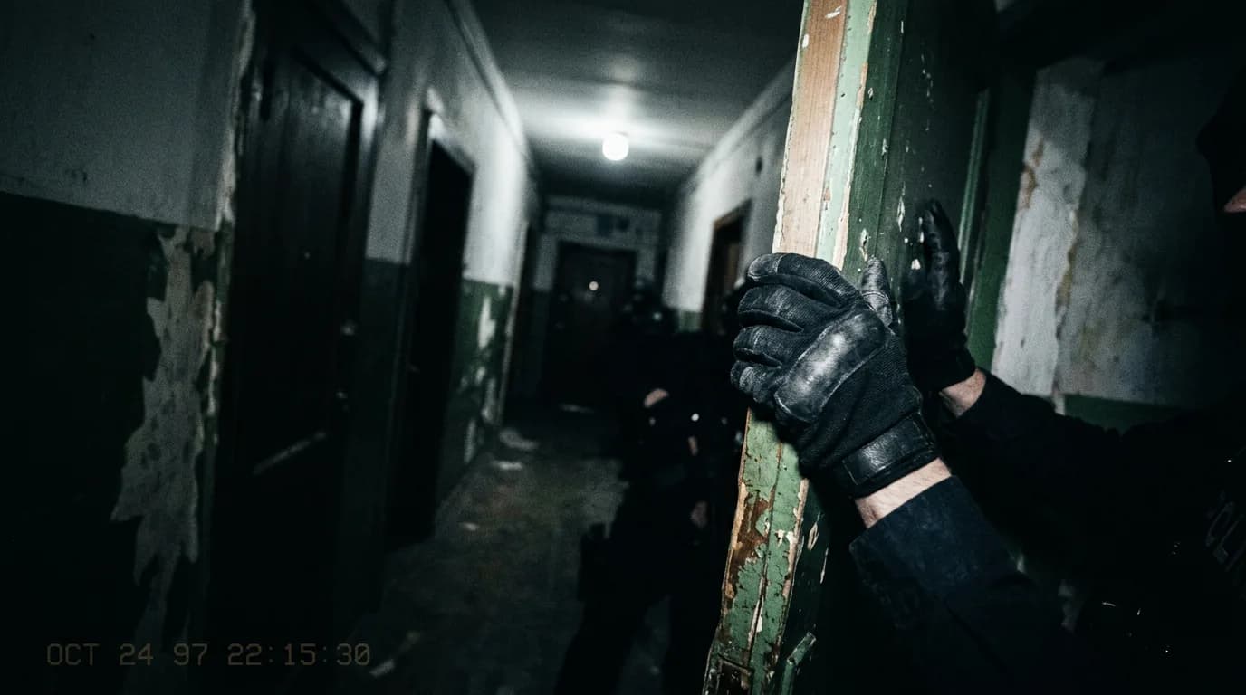 Chaotic hallway bodycam angle; cinematic film still