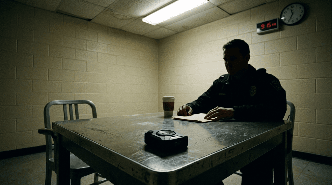 Bodycam on interview table; cinematic film still