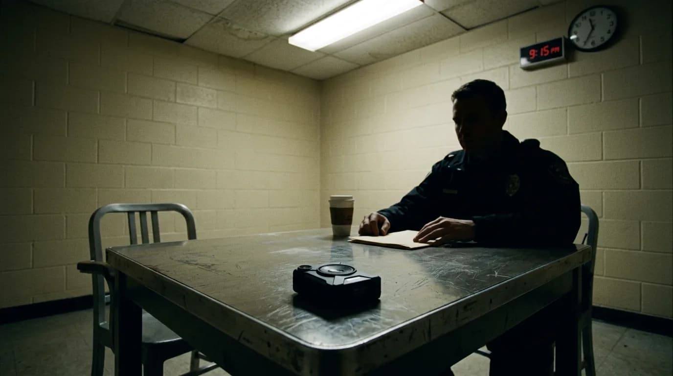 Bodycam on interview table; cinematic film still