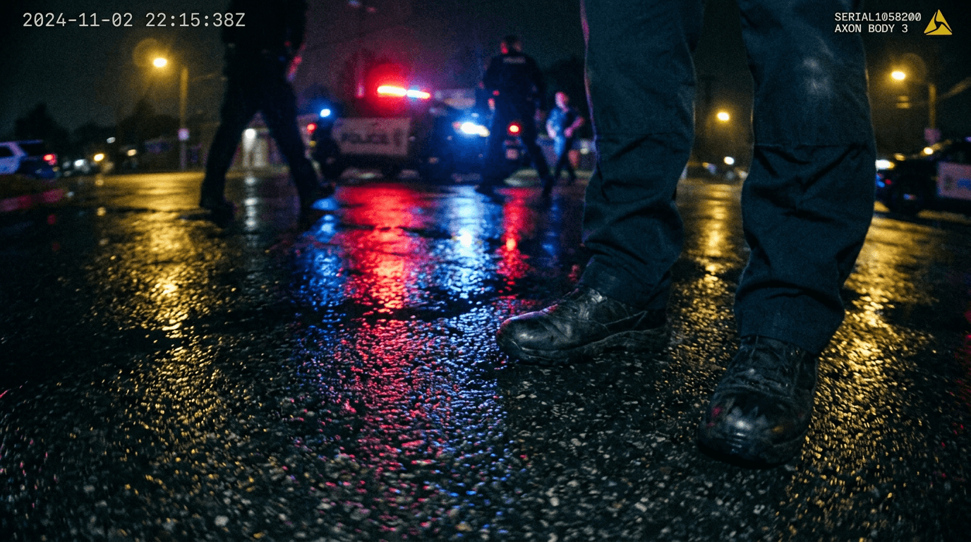 Cinematic 35mm film still: body-worn camera night POV on wet pavement