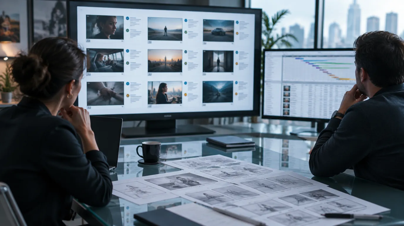 Two filmmakers at a glass desk in a city office at dusk, a large monitor showing a grid of nine storyboard frames with comment markers, a second screen showing a production schedule with colored bars and a shot table, printed sketch storyboards spread on the desk, cinematic still