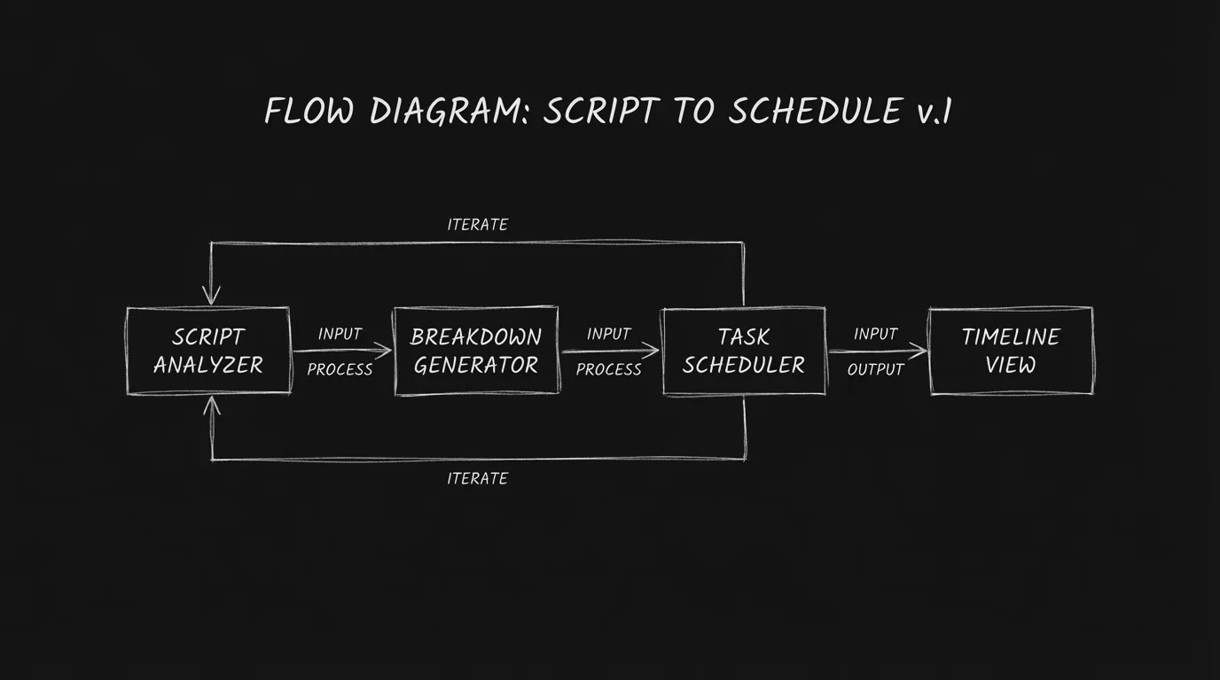 Script to breakdown to schedule flow; dark mode technical sketch