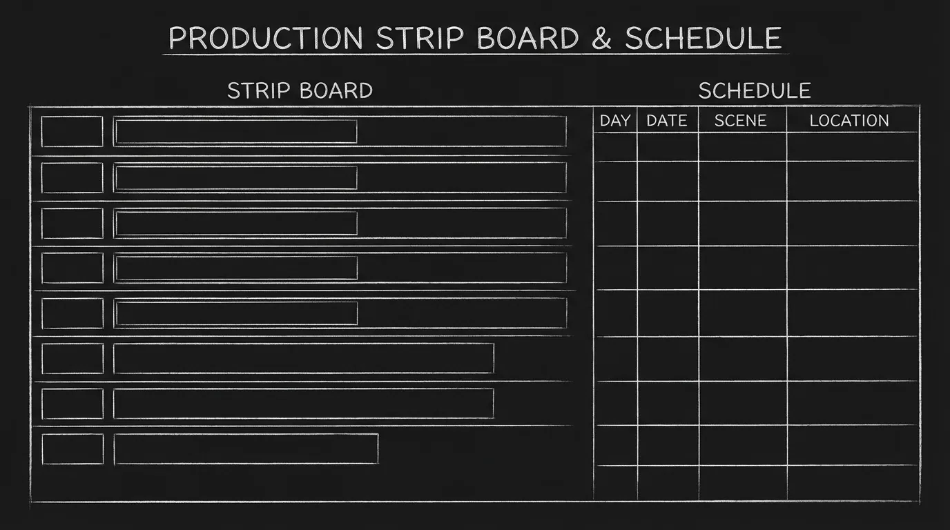 Strip board and schedule; dark mode technical sketch