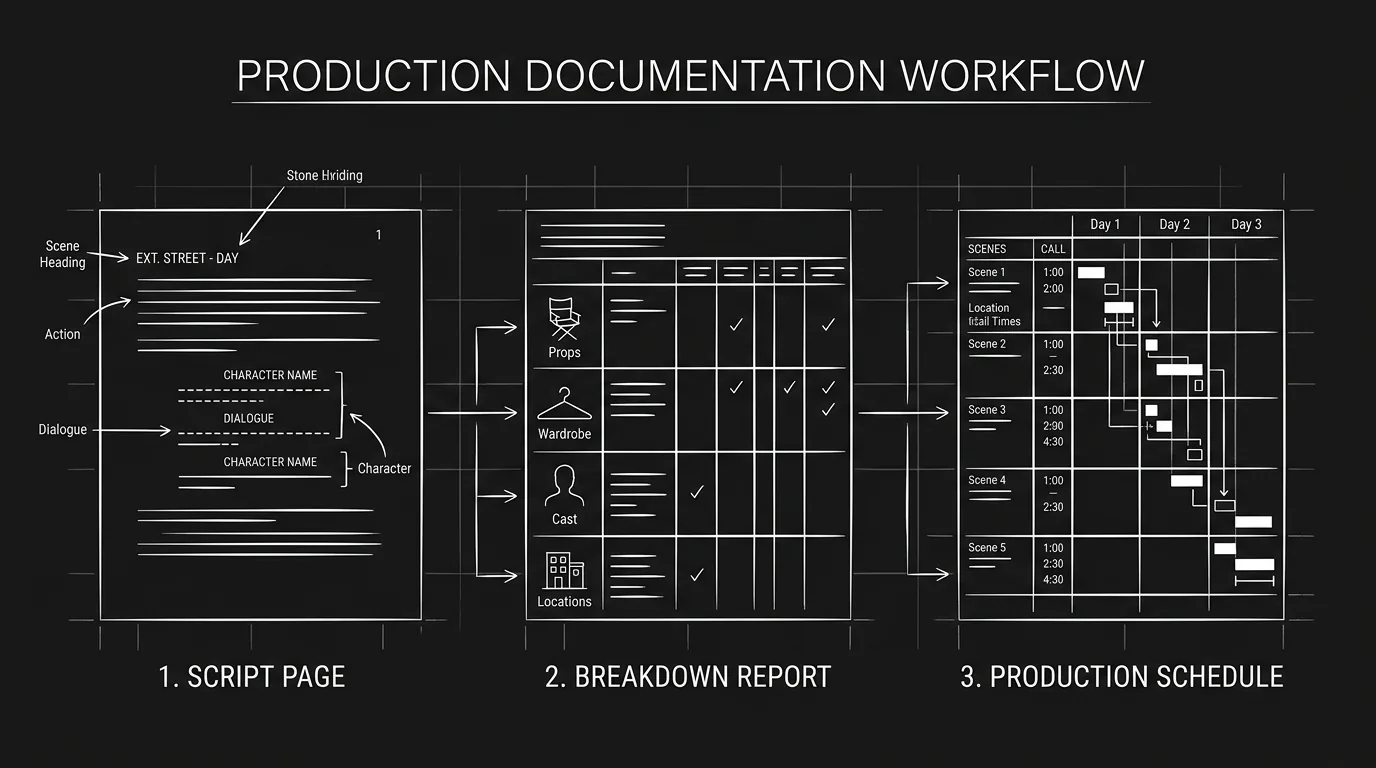 Script to breakdown to schedule; dark mode technical sketch