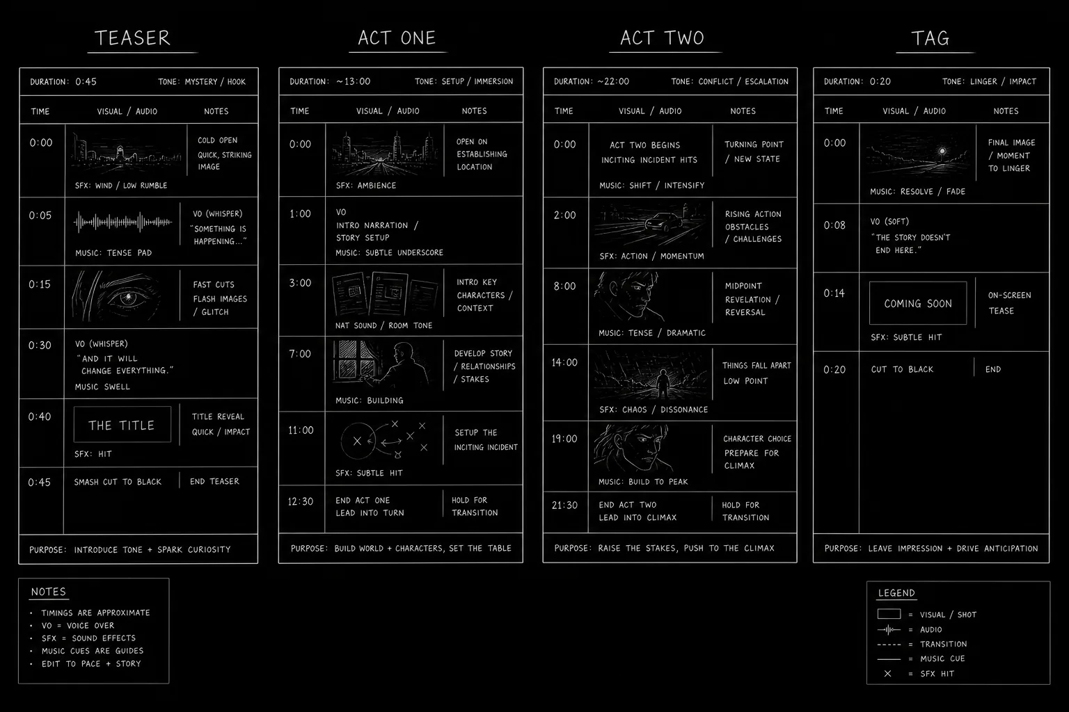 Dark mode technical sketch: script page with TEASER, ACT blocks, and TAG labeled on solid black