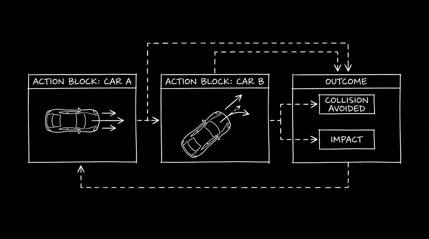 Action blocks: car A, car B, outcome; dark mode technical sketch