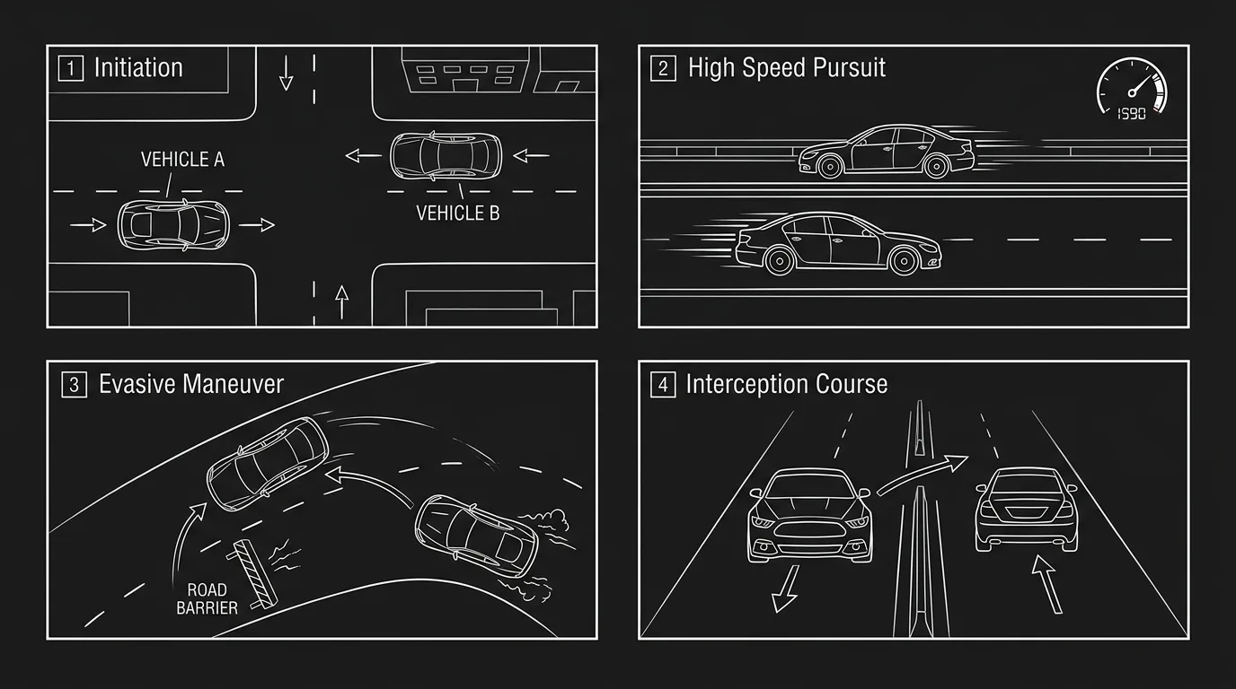 Car chase action blocks; dark mode technical sketch