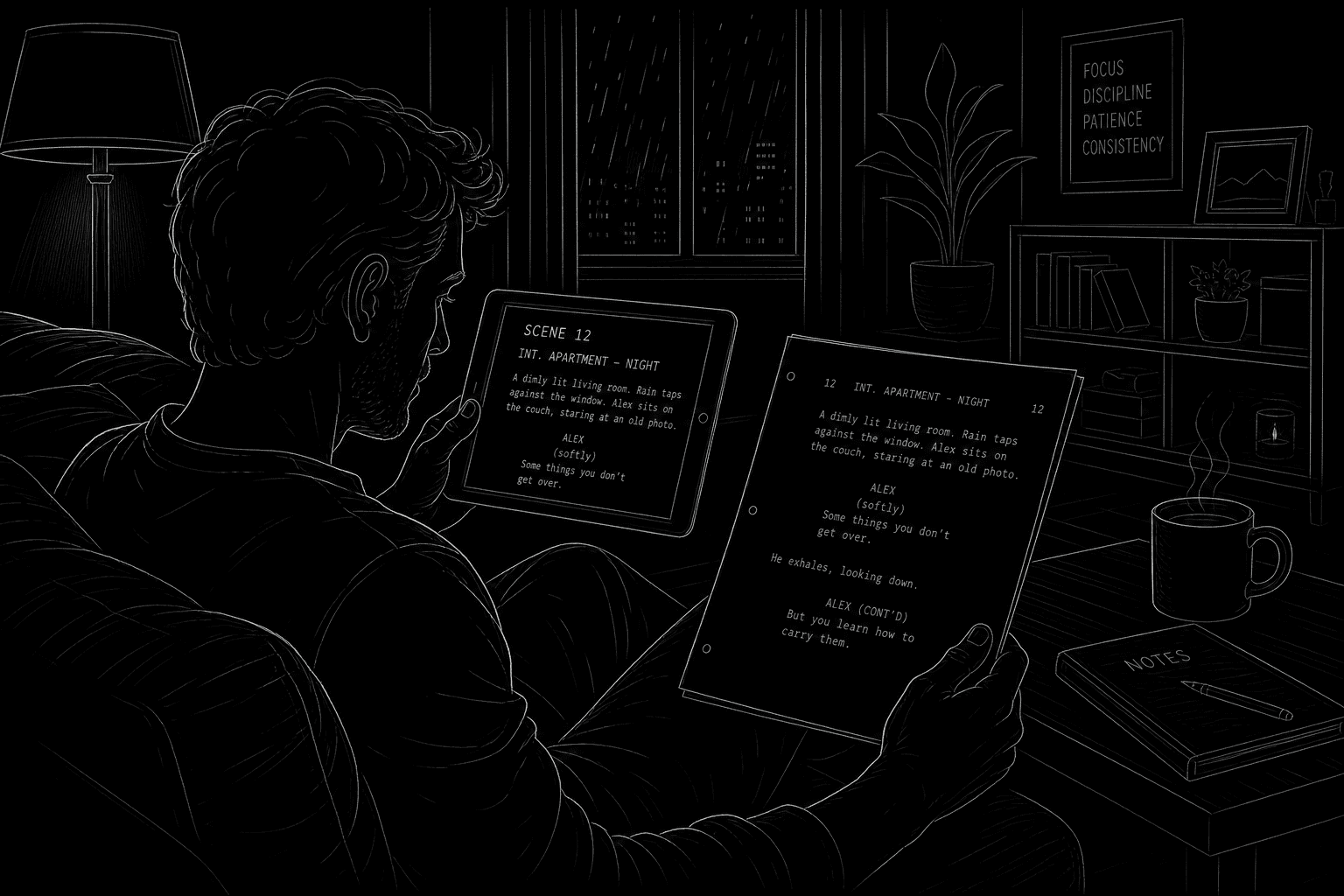 Dark mode technical sketch: actor highlighting sides at home with tablet and printed scene heading visible, thin white lines on black