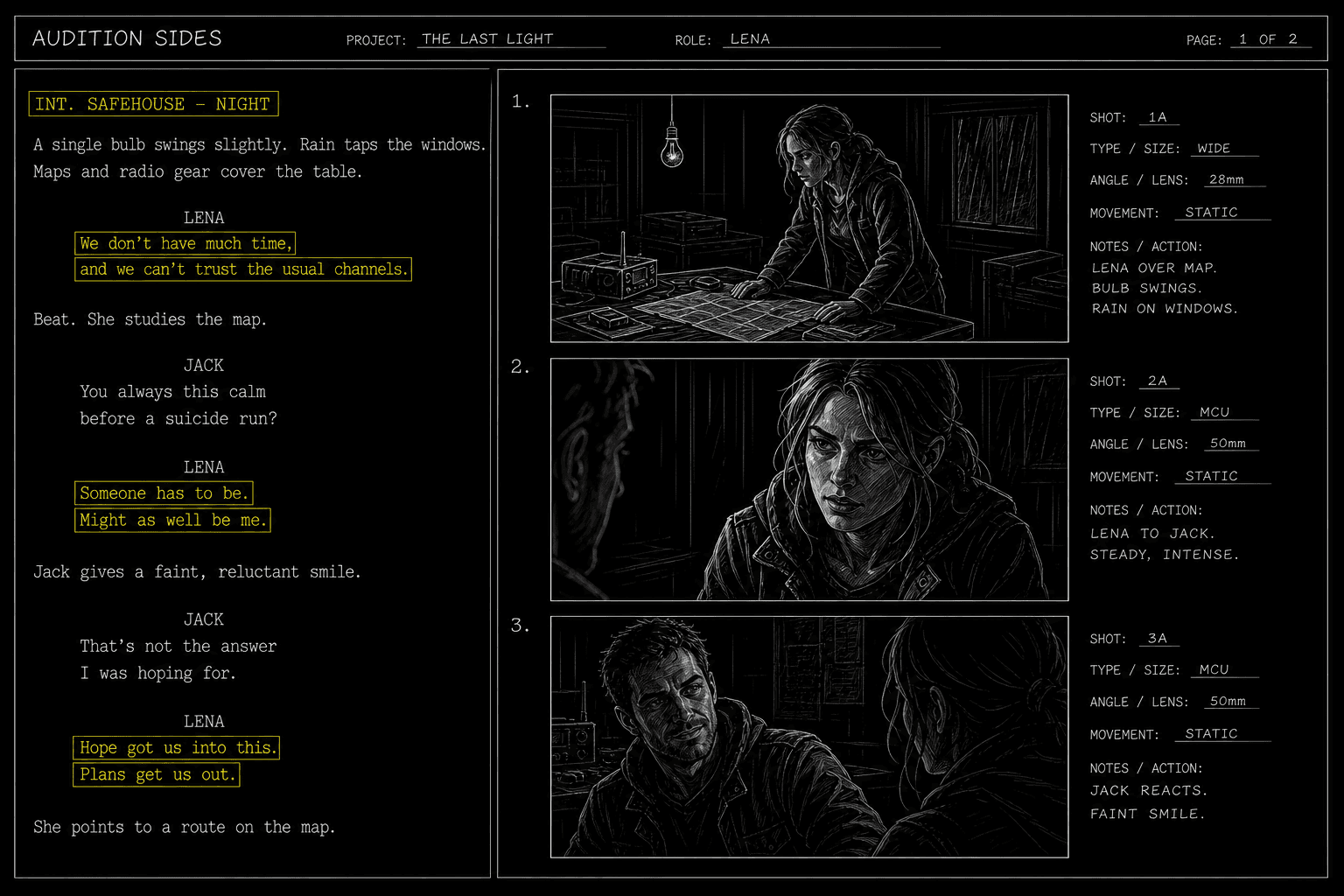Dark mode technical sketch: audition sides pages with role name header and highlighted dialogue blocks, thin white lines on solid black