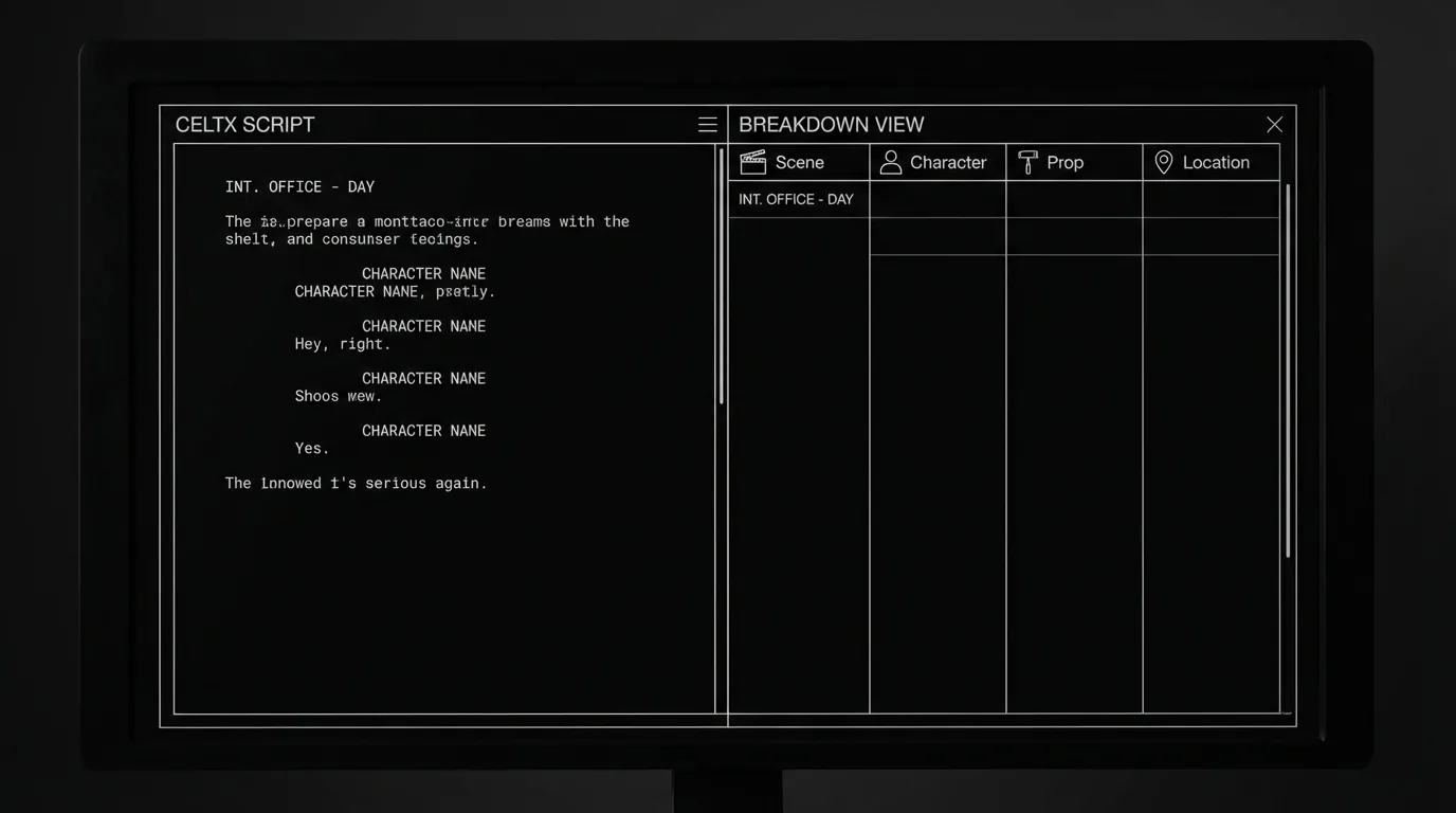 Celtx script and breakdown view; dark mode technical sketch