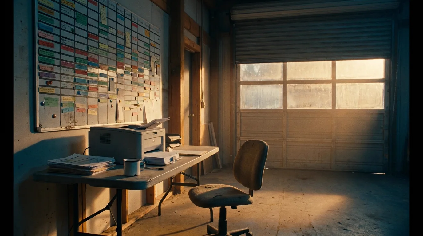 An empty independent film production office in a converted warehouse unit at golden hour, a wall-sized magnetic strip board covered in colored scheduling strips above a folding table where a laser printer feeds a stack of call sheets, cinematic still