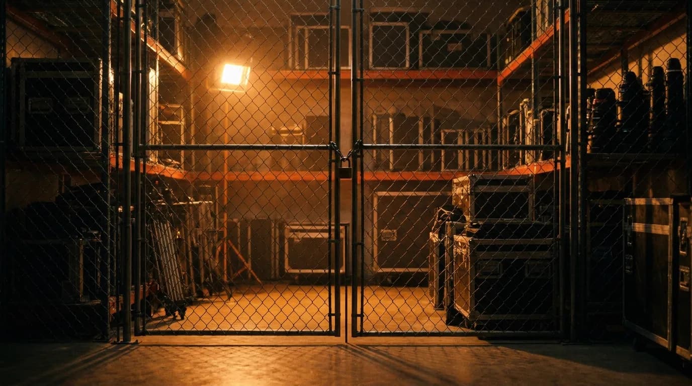 A film equipment rental house at night, camera cases and lens barrels stacked on caged steel shelving behind a padlocked chain-link gate under a single sodium work light, cinematic still