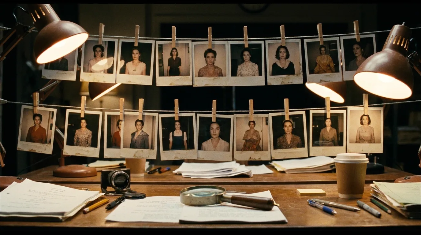 An on-set continuity station with rows of polaroid reference photos of the same actor clipped to a wire, a magnifying loupe resting beneath them under warm tungsten light, cinematic still