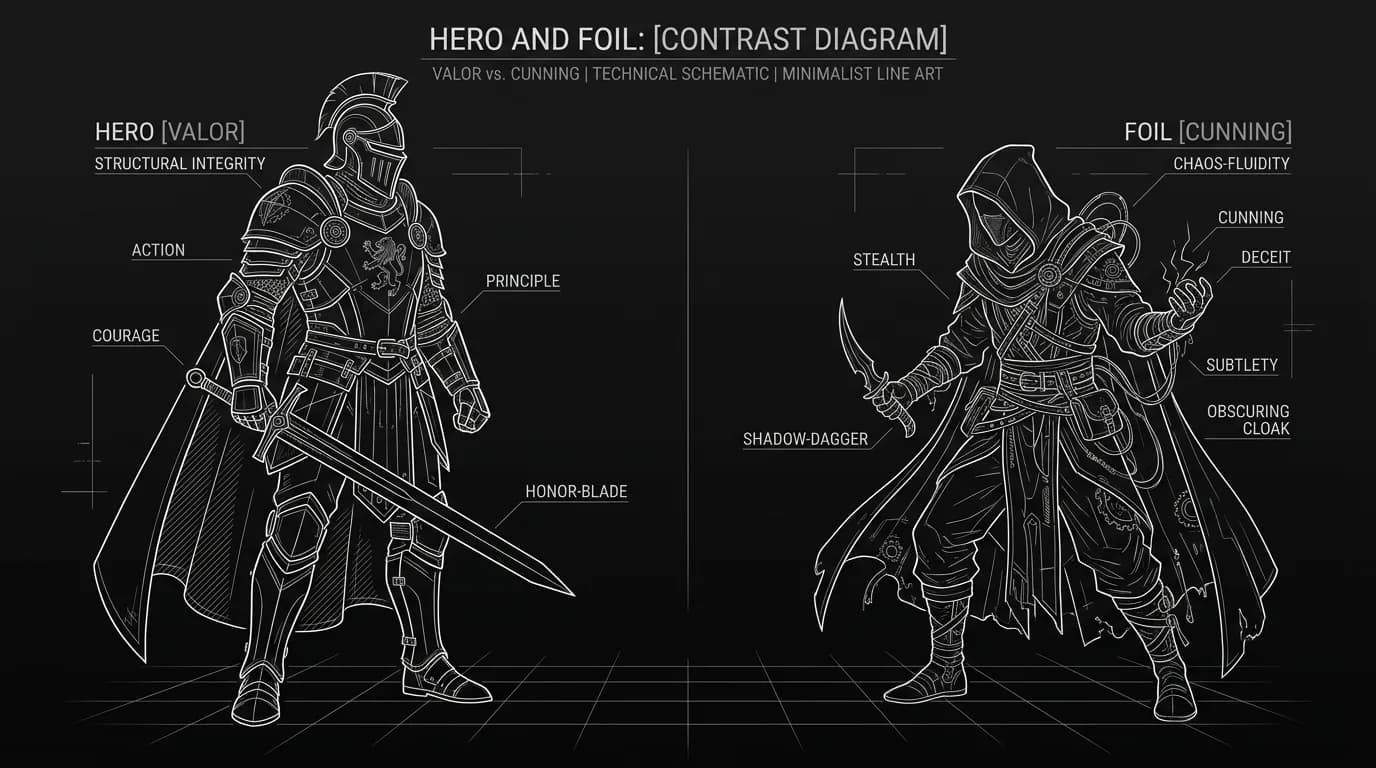 Hero and foil: two figures in contrast; dark mode technical sketch