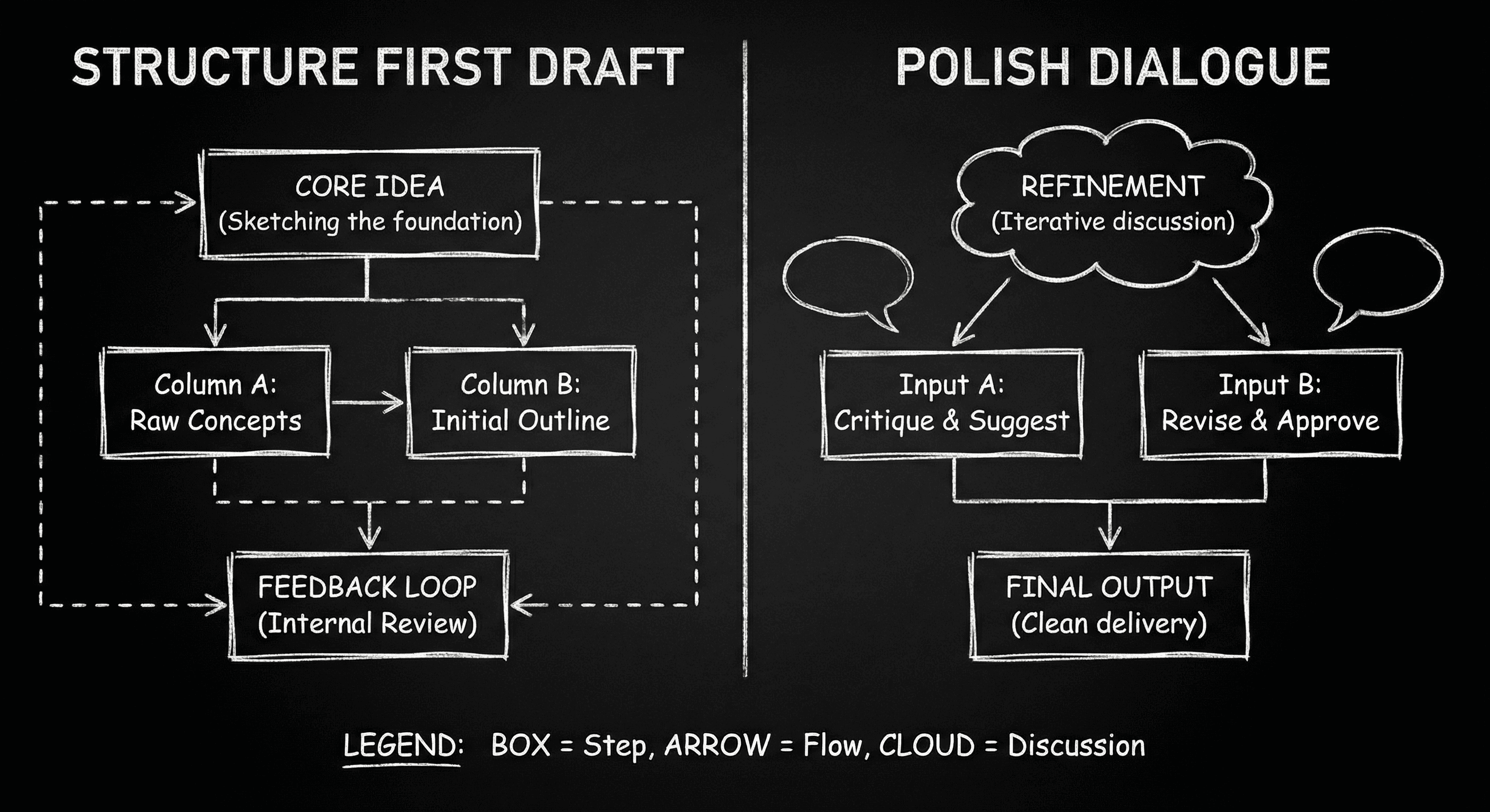 Prompt: Dark Mode Technical Sketch, two columns: "Structure / first draft" and "Polish / dialogue"; clean white lines on black --ar 16:9