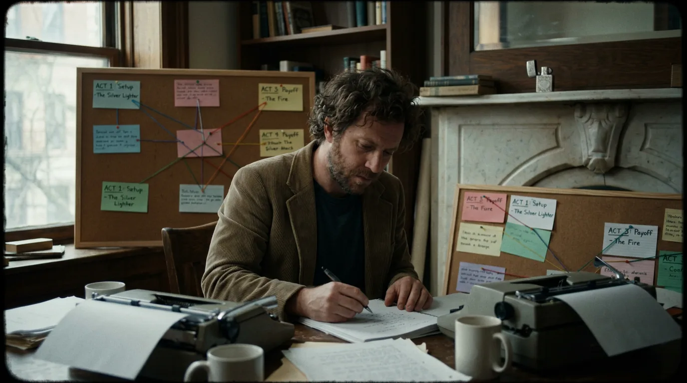Dark mode technical sketch: setup and payoff tracking chart for screenplay; thin white lines on black