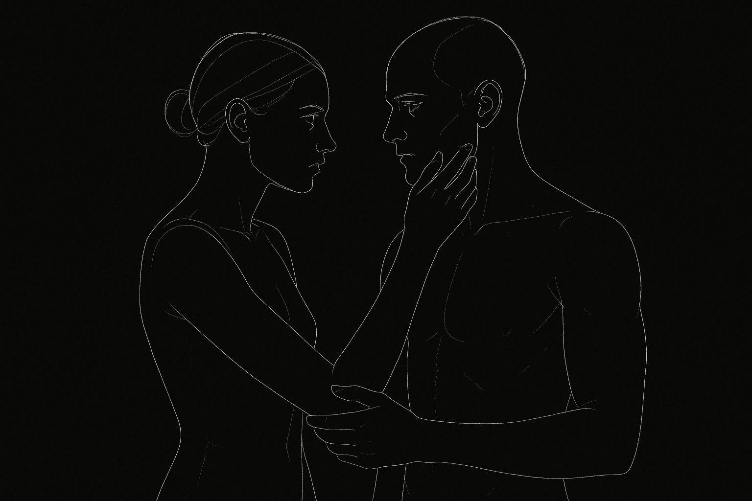 Two figures; look, proximity, touch; dark mode technical sketch
