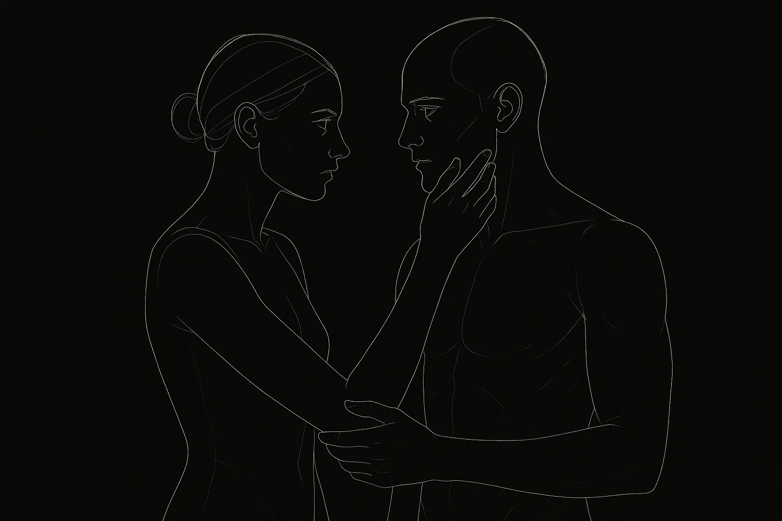 Two figures; look, proximity, touch; dark mode technical sketch