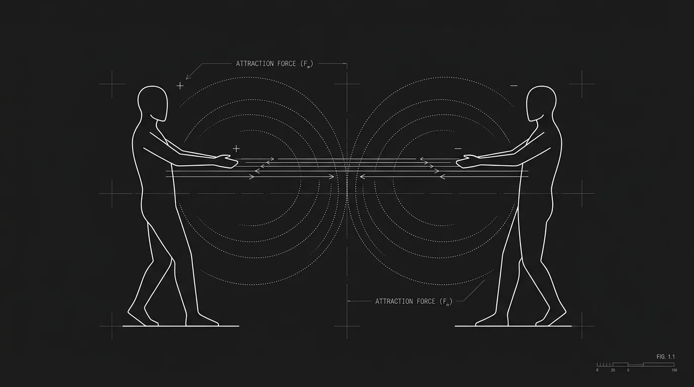 Two figures; magnetic pull; dark mode technical sketch