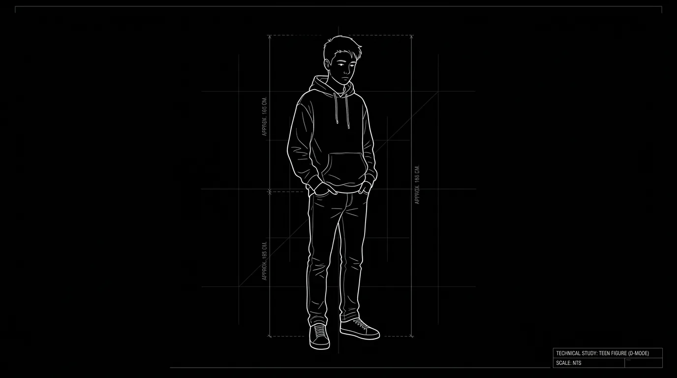 Child or teen; authentic voice; dark mode technical sketch