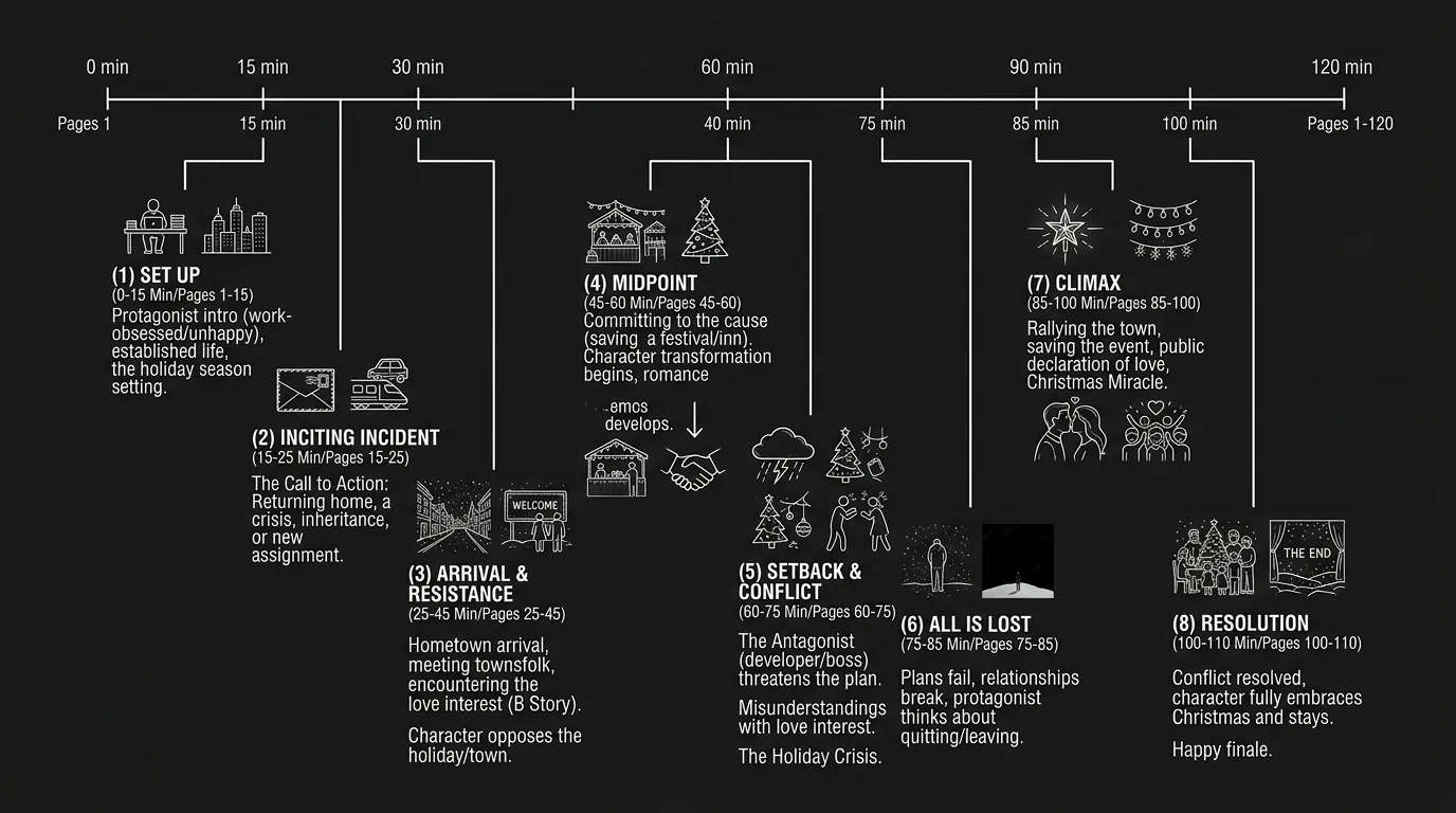 A beat sheet for a Christmas movie mapped to page numbers; dark mode technical sketch, thin white lines on black background