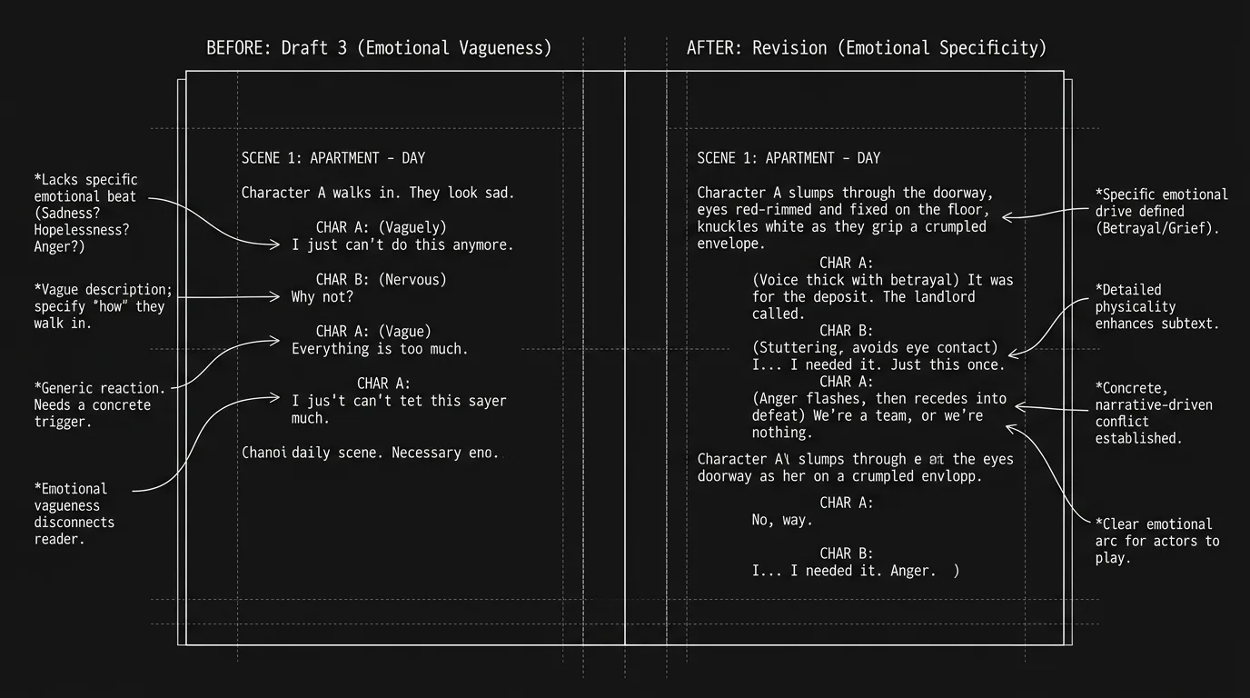 A revision comparison showing before and after notes on emotional beats; dark mode technical sketch, thin white lines on black background