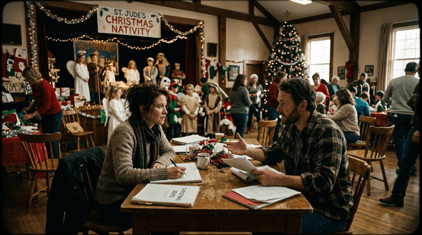 Cinematic workflow still, first angle, 35mm film grain