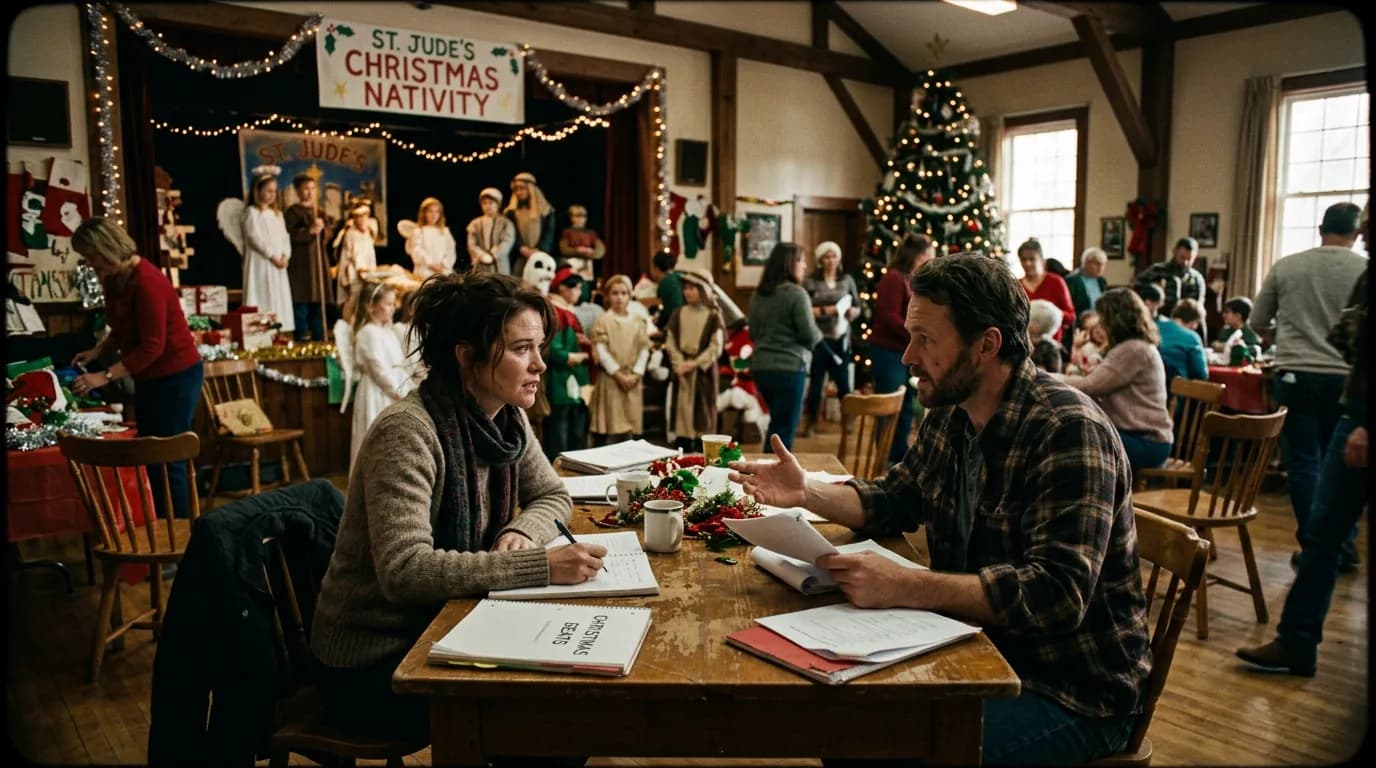 Dark mode technical sketch: Christmas TV movie script with holiday scene notes; thin white lines on black